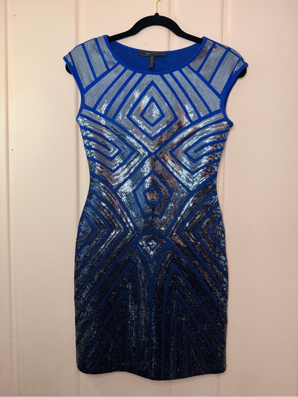 BCBGMaxAzria Blue Sequin Geometric Cap-Sleeve Sheath Dress szXS